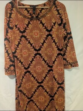 INC International Concepts Black & Rust Paisley-Print Shift Dress